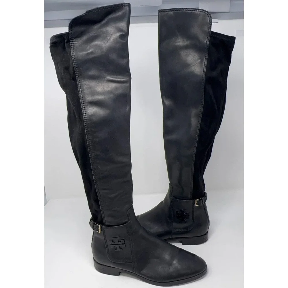 Tory Burch Willa Riding‎ Boots Women's Size 7 Over The Knee Black Leather Suede